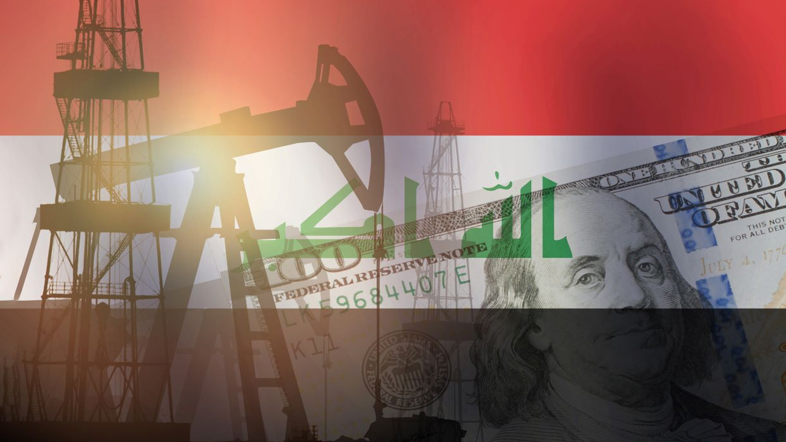Graphic overlay combining silhouettes of oil derricks and a pumpjack with a US hundred-dollar bill, set against the background of the national flag of Iraq. (Graphic: .oilandgasmiddleeast)