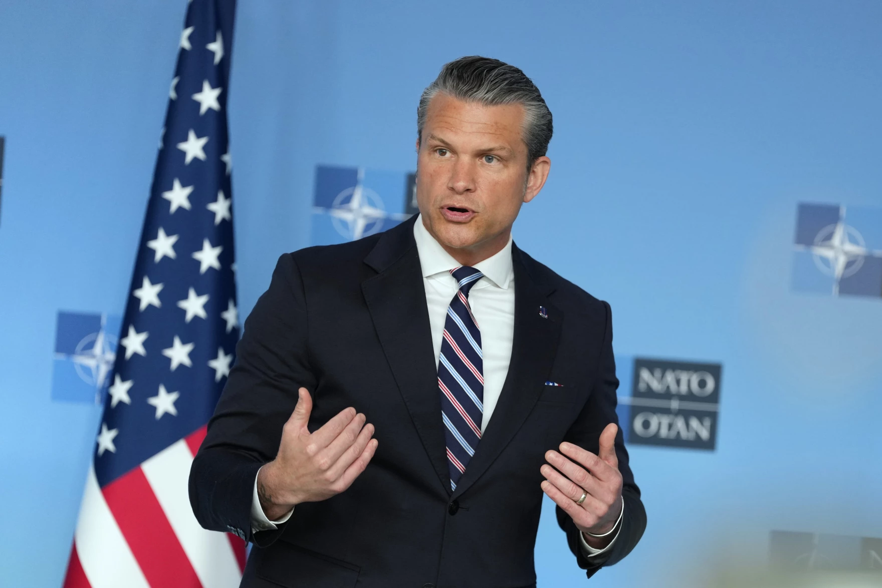 US Sec. of War Pete Hegseth speaks during a meeting of NATO defense ministers in Brussels (Photo: AFP)