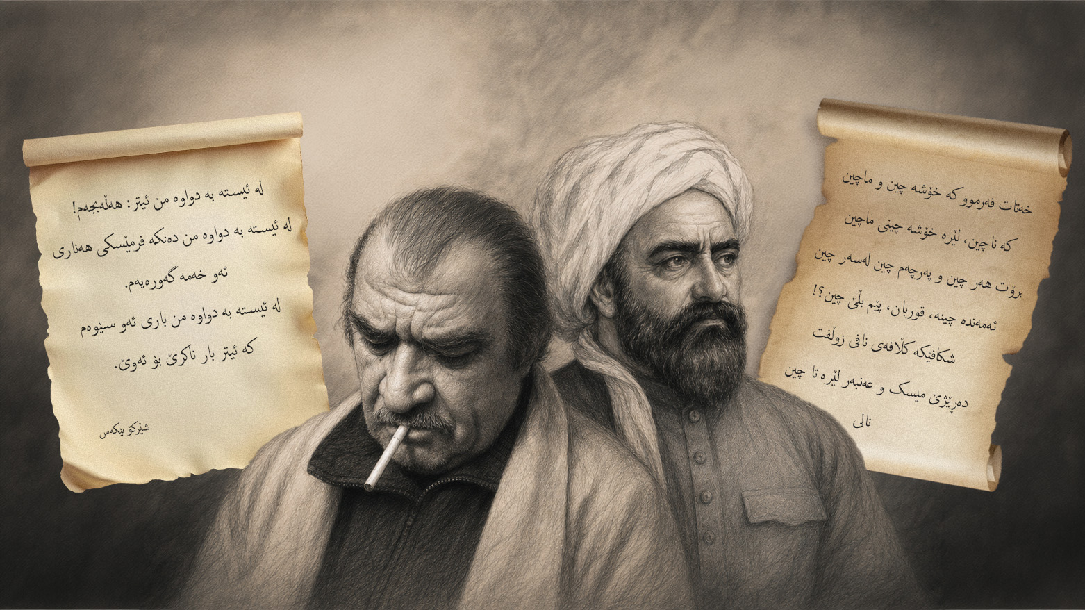 Photo depicts two iconic figures of Kurdish poetry, Nali and Sherko Bekas. (Graphic: Kurdistan24)
