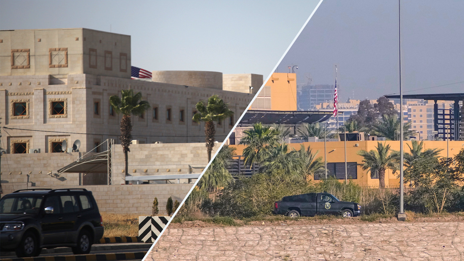 A general view of the U.S. embassies in Amman, Jordan (L) and Baghdad, Iraq (R). (AP)