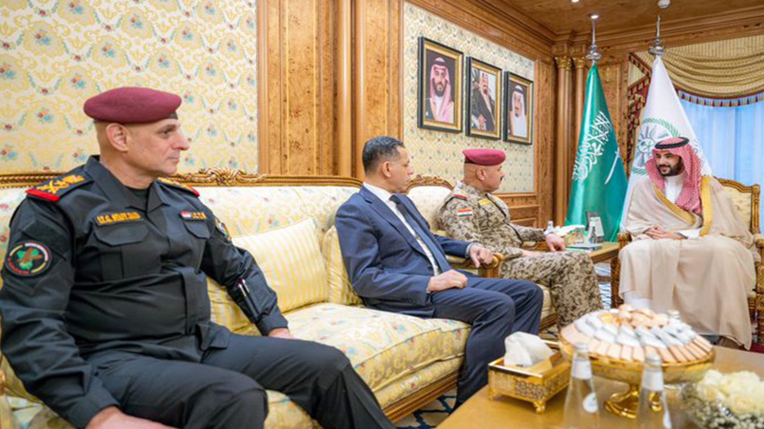 Saudi Defense Minister Khalid bin Salman, (R), Abdul Amir Al-Shammari, director of Iraq's Office of the Commander in Chief, (C), Aug. 13, 2026. (KSA)