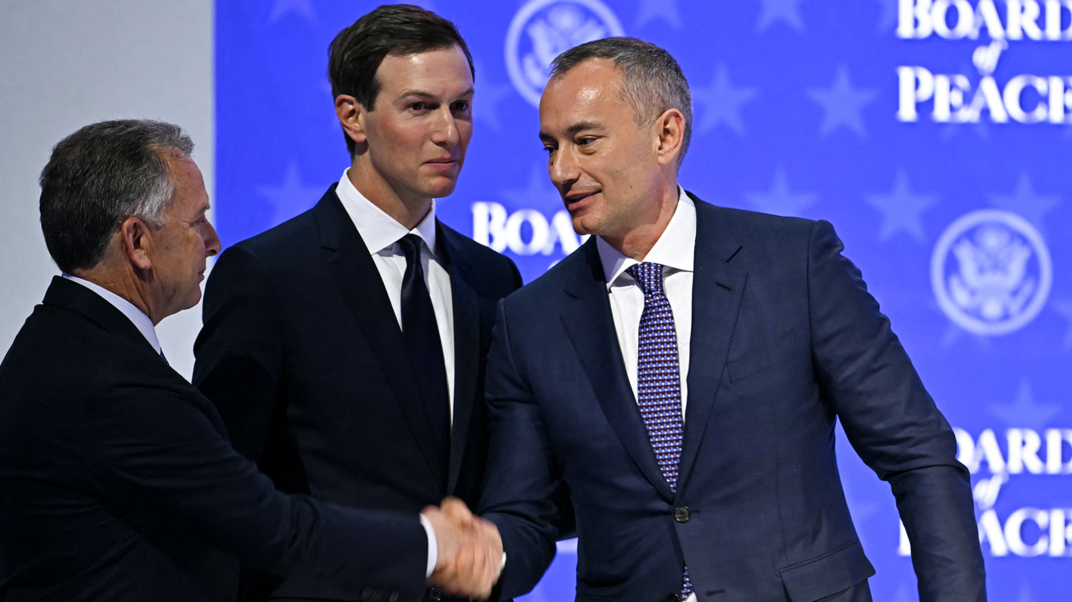 US Special Envoy Steve Witkoff (L), and Nickolay Mladenov, Bulgarian High Representative for Gaza (R) next to US businessman Jared Kushner at the "Board of Peace" meeting  on Jan. 22, 2026.