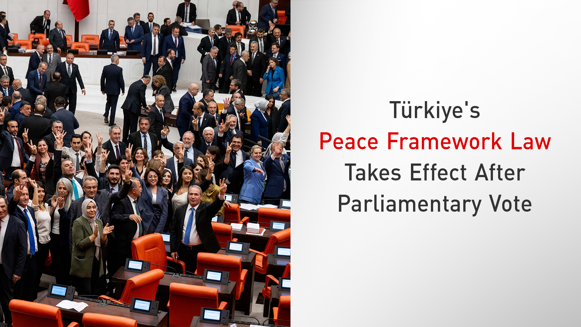 DEM Party lawmakers make the victory sign after voting a bill offering limited amnesty for PKK fighters at Grand National Assembly of Türkiye in Ankara on Aug. 10, 2026. (Graphics: Kurdistan24)