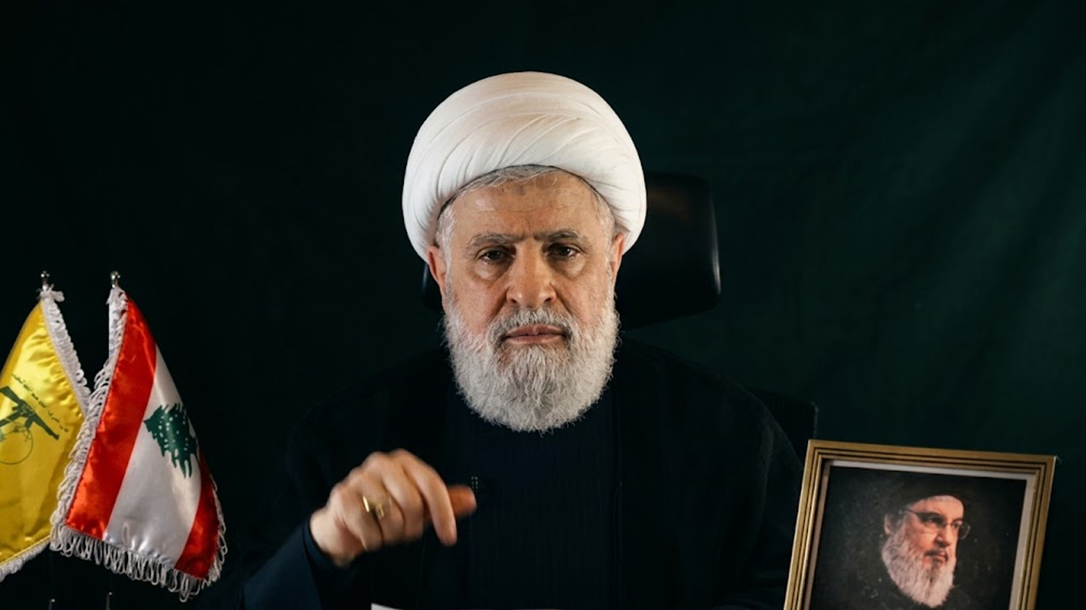 Hizbollah's Secretary-General Naim Qassem delivering a speech from an undisclosed location on Oct. 15, 2024. (AFP)