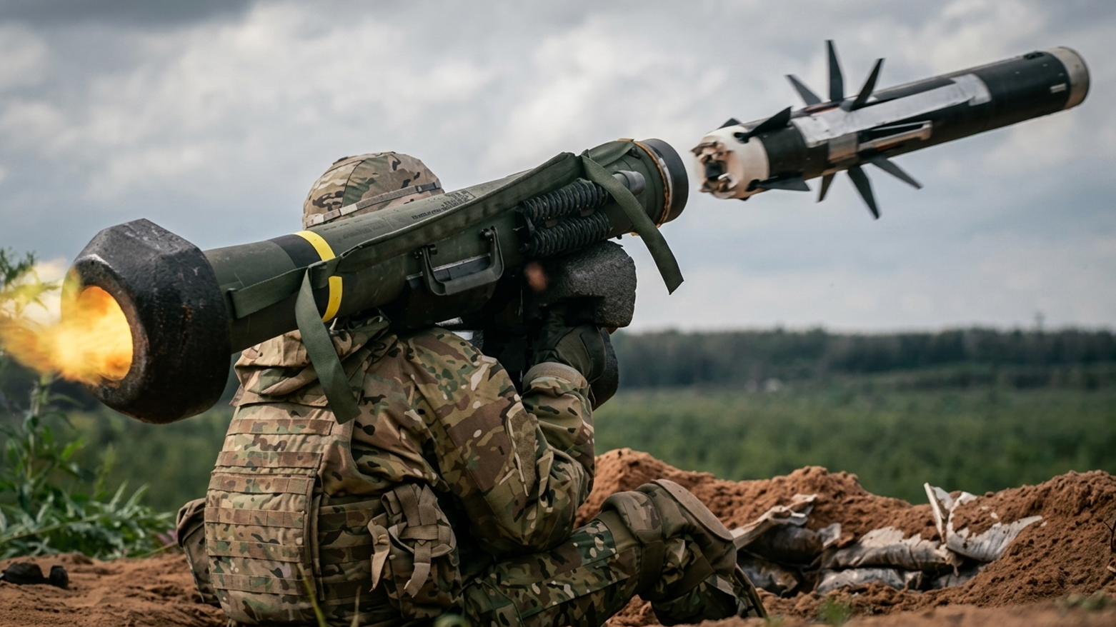 A soldier in camouflage gear firing an FGM-148 Javelin anti-tank missile. (Photo: supportourtroops.org)