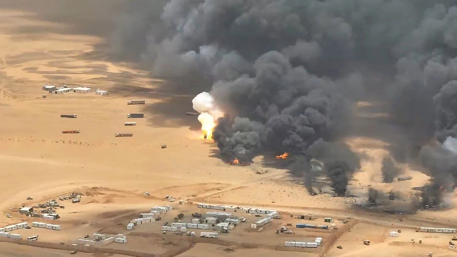 Houthi media image purportedly shows a ballistic missile strike on Saudi military equipment trucks in Yemen’s Hadhramaut province on September 7, 2026.