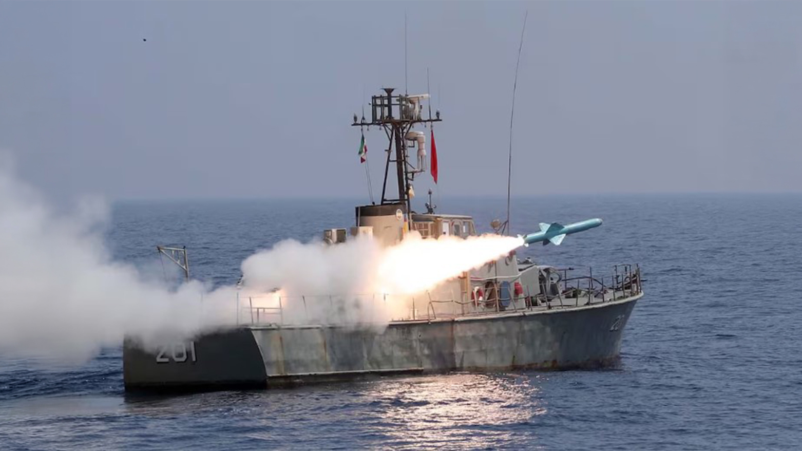 A Nasr missile fired from an Iranian ship during the second day of a military exercise in the Gulf, near the strategic Strait of Hormuz, September 2020. (AFP)