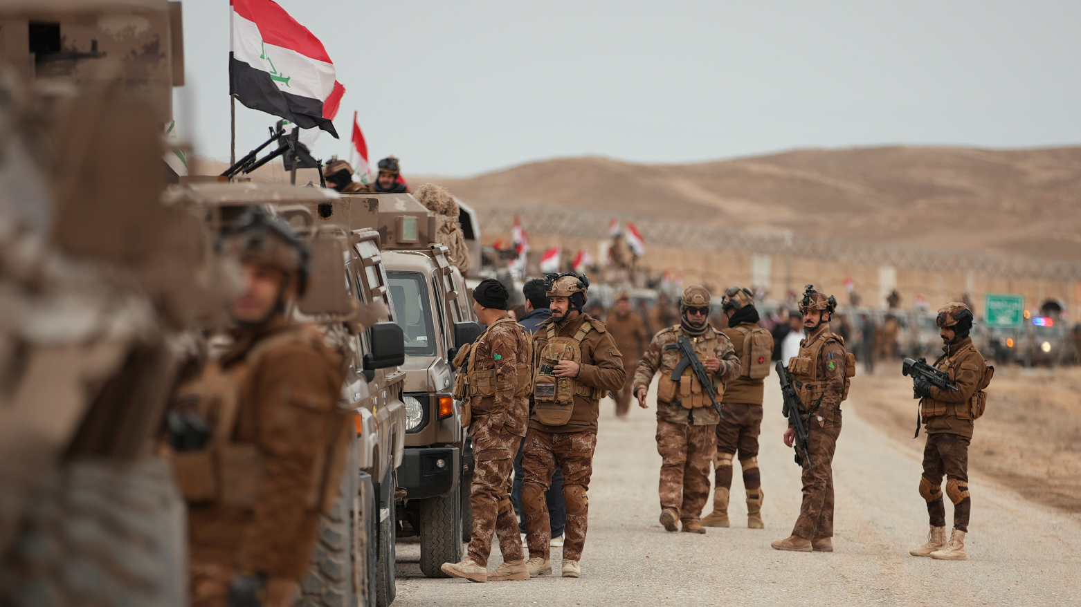 Iraqi Border Guards patrol along the border with Syria, in Sinjar, Thursday, Jan. 22, 2026. (AP)