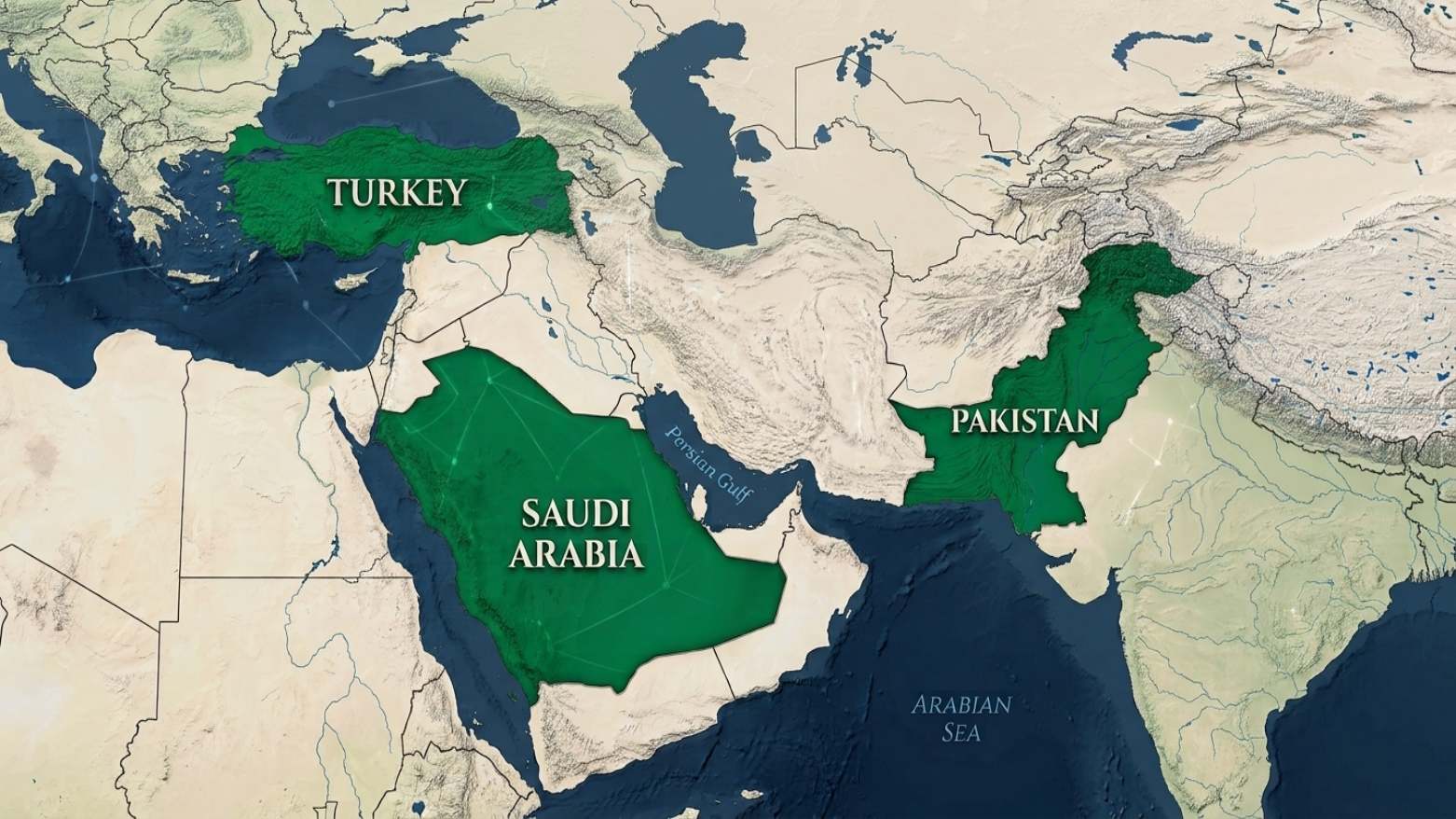 A regional map illustrating the Middle East and South Asia with Turkey, Saudi Arabia, and Pakistan highlighted in green. (Photo: AI Generated)