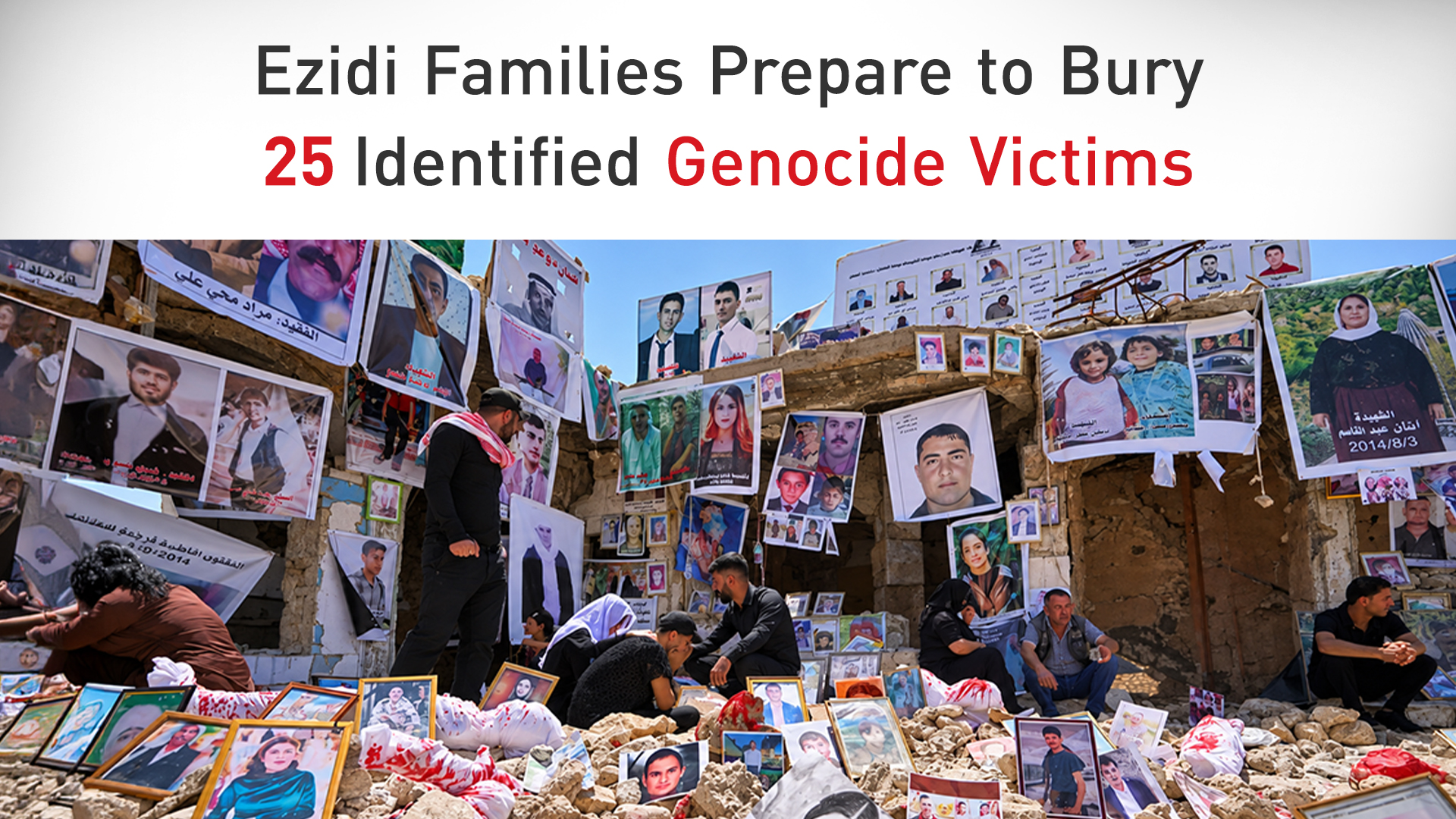 Ezidi families mourn at a memorial installation honoring victims of the Ezidi genocide by the ISIS during a commemoration, Sinjar, Aug. 3, 2025. (AP)