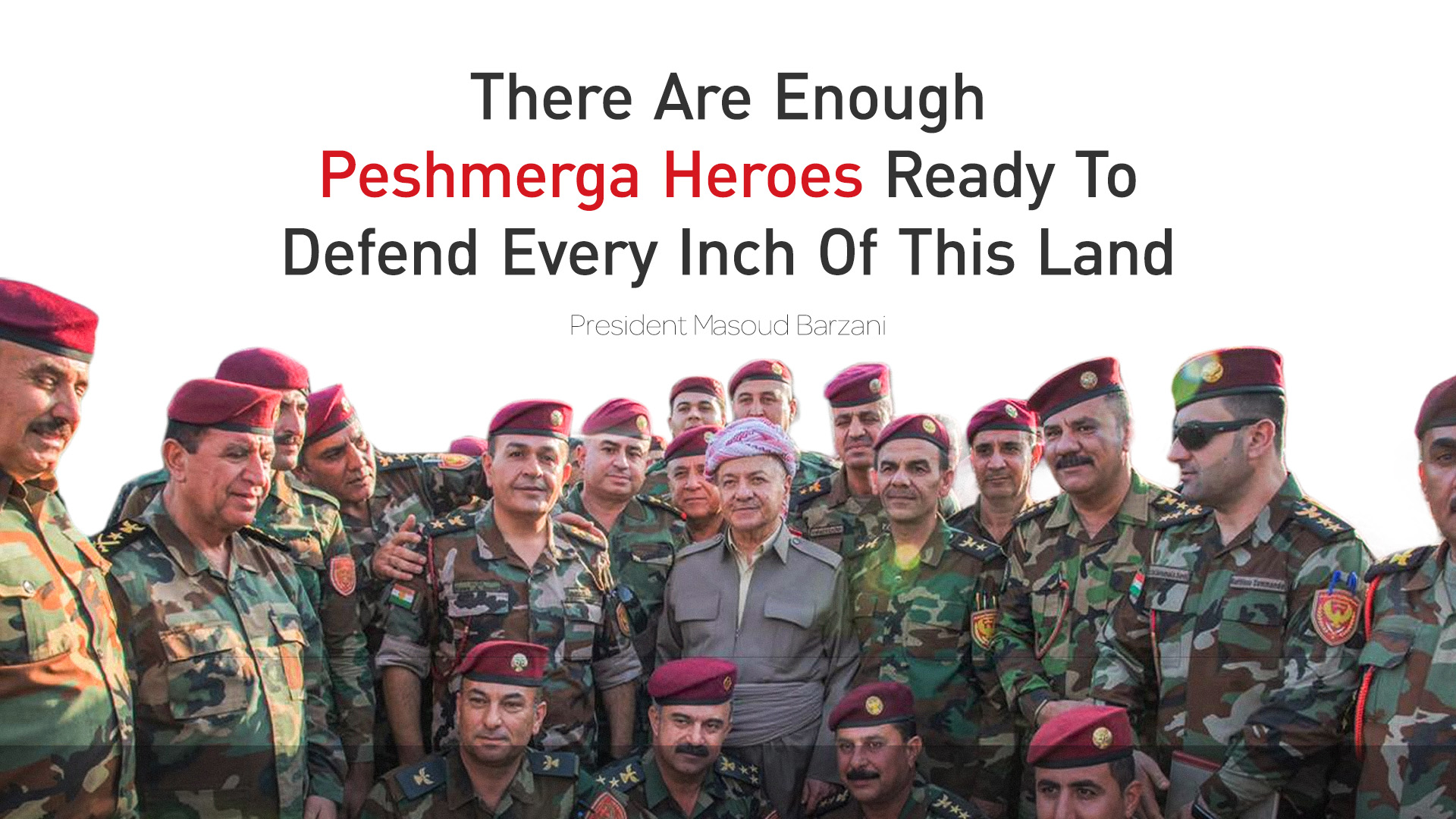President Masoud Barzani Standing Among Dozens of Peshmarga Members (Kurdistan 24)