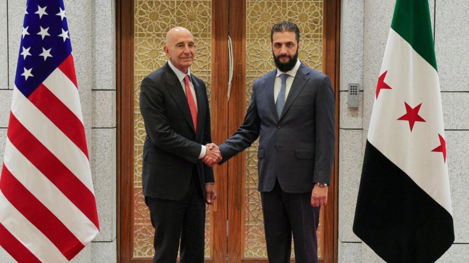 President Ahmed al-Sharaa meeting US special envoy for Syria Tom Barrack in Damascus on May 29, 2025. (Photo: SANA)