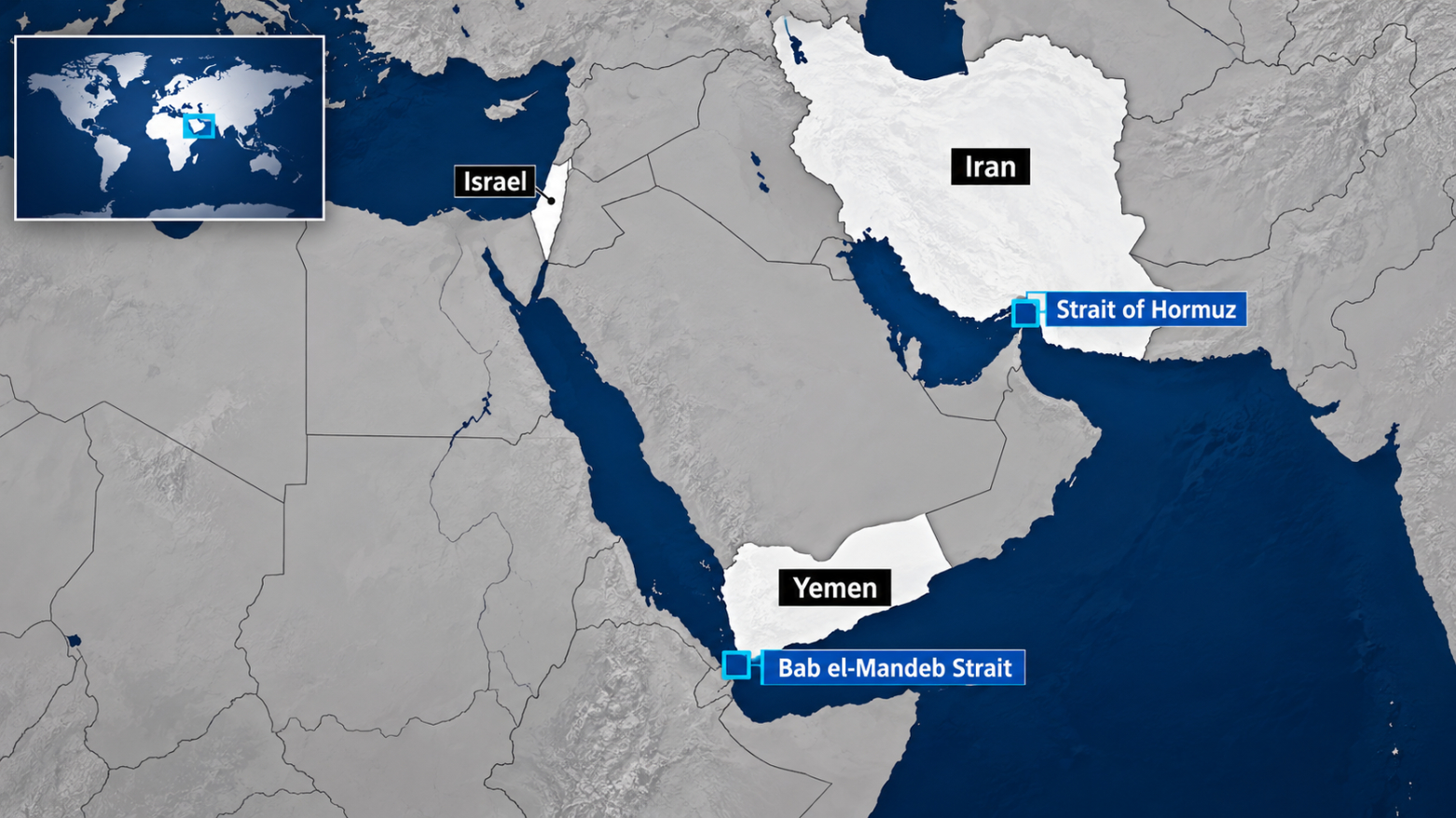 Photo shows the map of the Middle East with both Strait of Hormuz and Strait of Bab al-Mandab shown. (Photo: Kurdistan24)