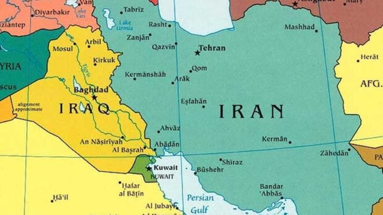 A map highlighting the Middle East region, focusing on Iraq and Iran.