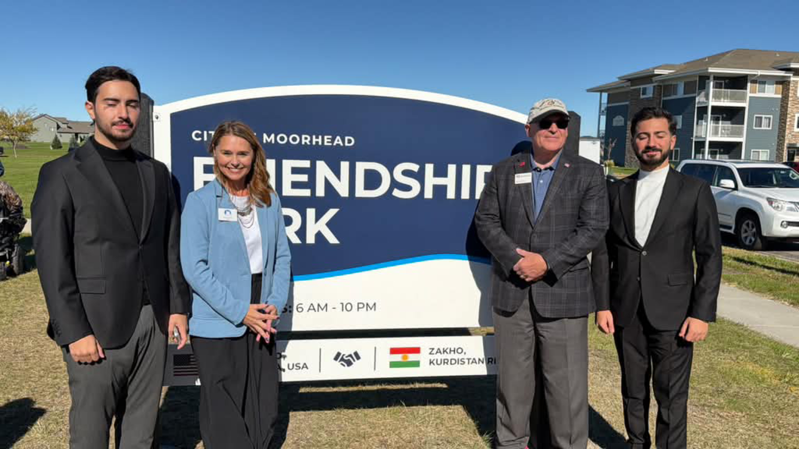 Moorhead Mayor Shelly Carlson (CL), and Minnesota State University Moorhead President Tim Downs (CR), with Two student from Zakho university. (Photo: Kurdistan24)