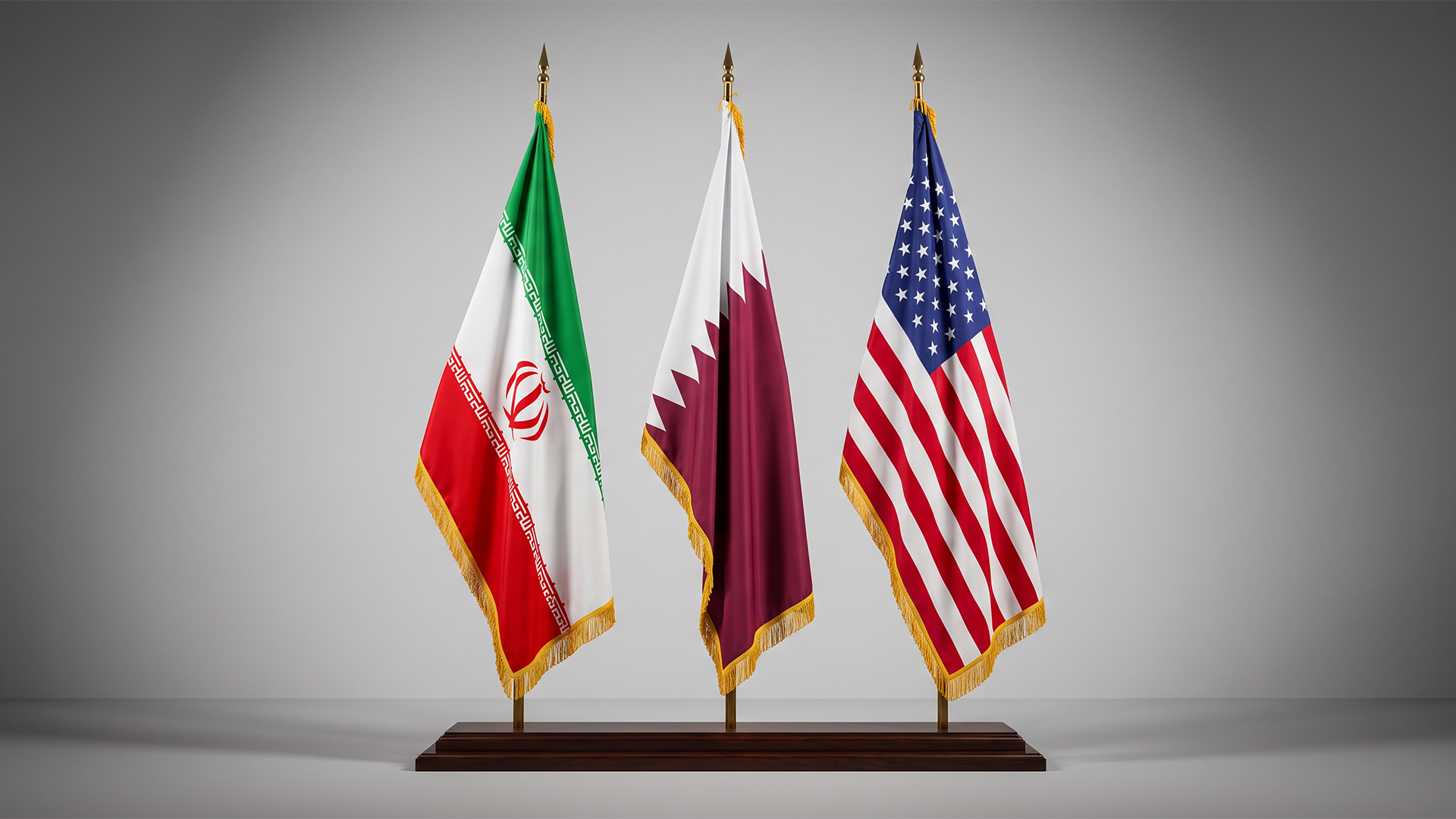 The flags of Qatar (middle), Iran (left) and US. (Photo: Designed by Kurdistan24)