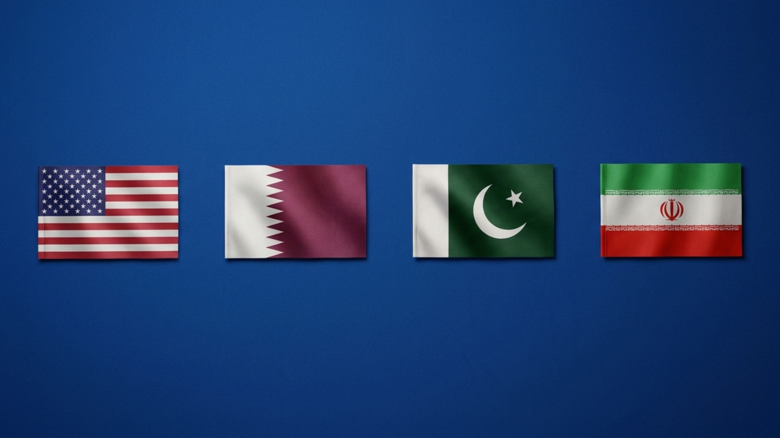 An AI-generated graphic featuring the national flags of the United States, Qatar, Pakistan, and Iran.