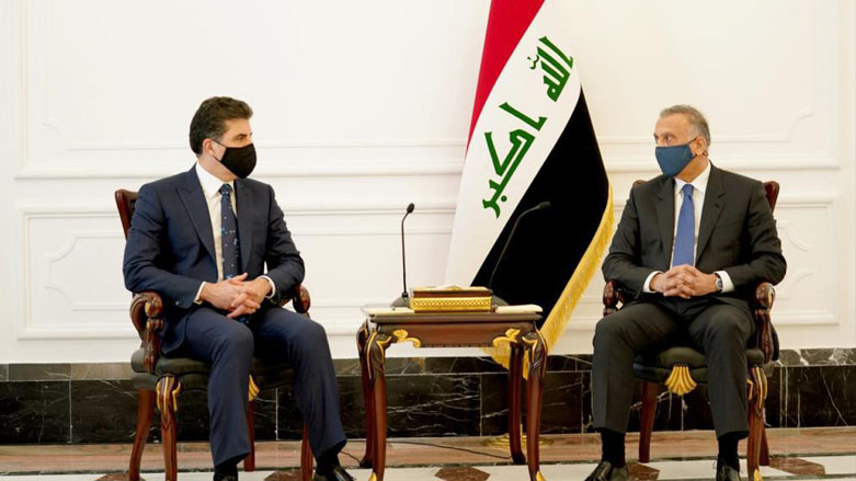 Kurdistan Region President Nechirvan Barzani (left) during his meeting with Iraqi Prime Minister Mustafa al-Kadhimi, April 10, 2021. (Photo: Kurdistan Region Presidency office)