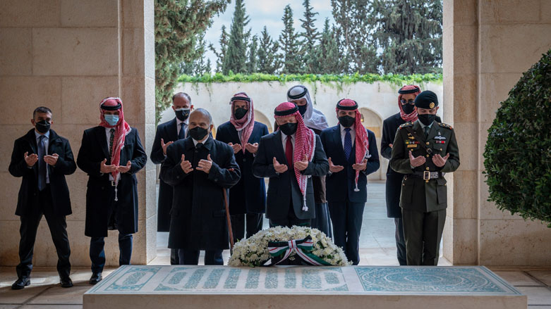 Jordan’s King Abdullah II (center), his son Crown Prince Hussein (R), and brother, Prince Hamzah (2nd-L), pray at the tomb of Abdullah’s father, King Hussein, April 11, 2021. (Photo: Royal Hashemite Court / Twitter)