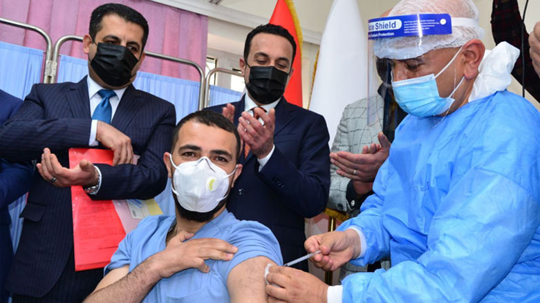 Goran Osman Aziz, health worker in Erbil, became the first person to receive the Sinopharm vaccine, March, 4, 2021. (Photo: Rebaz Siyan / Kurdistan 24)