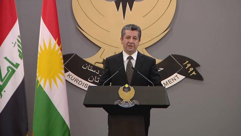 Kurdistan Region Prime Minister Masrour Barzani at an April 2021 press conference. (Photo: Kurdistan 24)