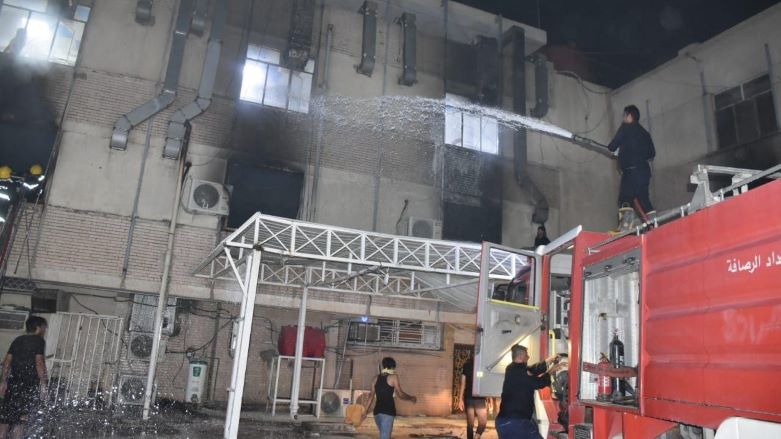 Firefighters extinguish the blaze at the Ibn al-Khatib hospital, April 24, 2021. (Photo: Social Media)
