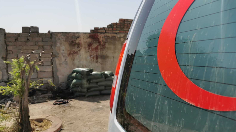 A bloodstained wall at the National Security Directorate in Kirkuk after a would-be suicide bomber was killed by security forces, April 29, 2021. (Photo: Soran Kamaran / Kurdistan 24)