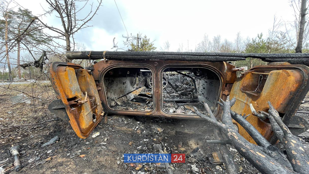 A destroyed Russian armored personal carrier in Ukraine's Bucha, April 4, 2022. (Photo: Azad Altun/Kurdistan 24)