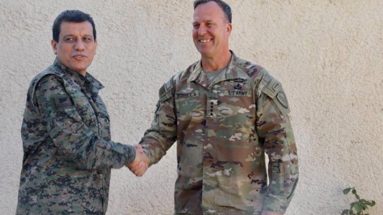Commander-in-Chief Mazloum Abdi, left, met with General Michael Kurilla on Wednesday, Apr. 13, 2022, in northeast Syria (Photo: SDF Press)