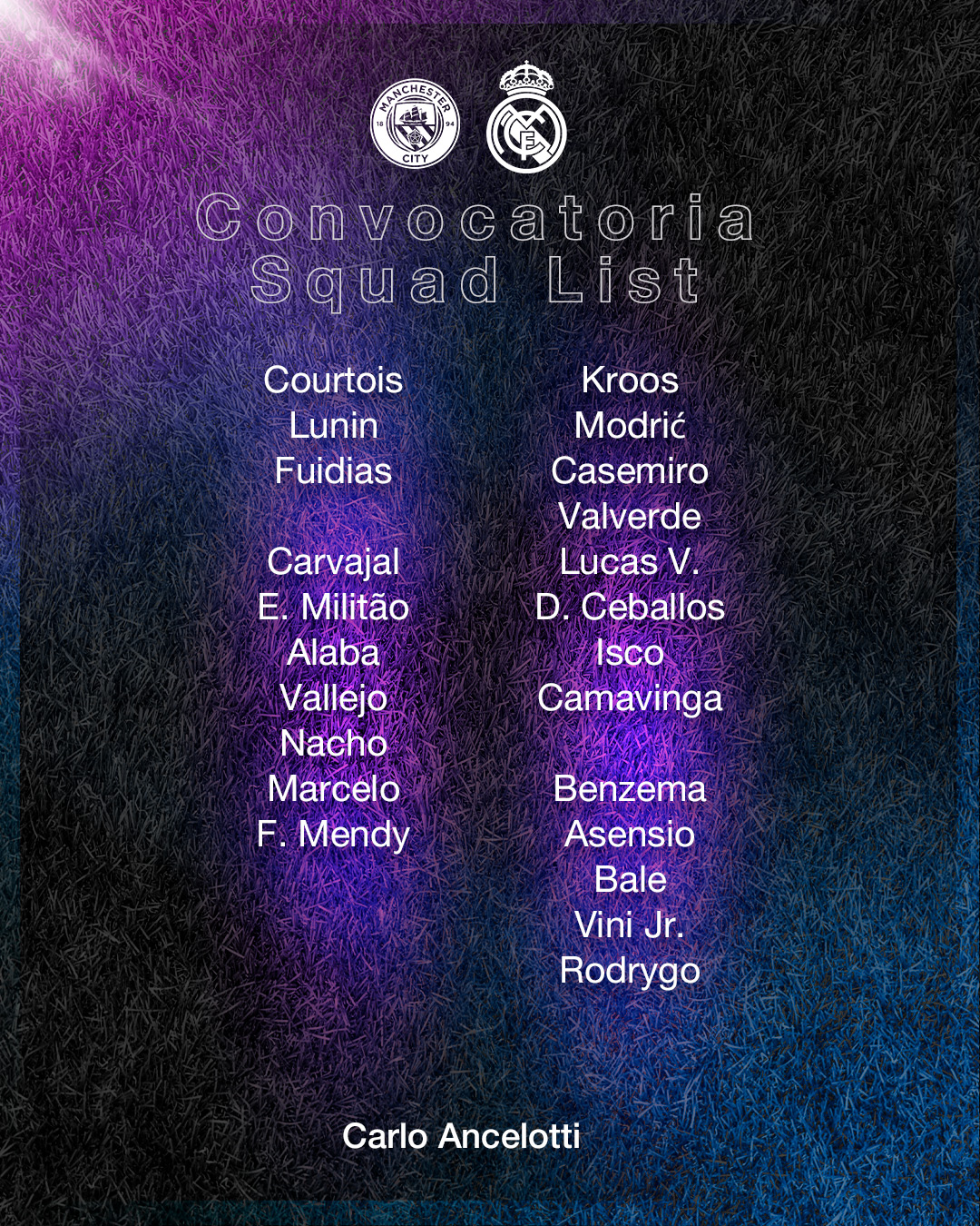 لیستی یاریزانه&zwnj; بانگهێشتكراوه&zwnj;كانی ریال مه&zwnj;درید بۆ یارییه&zwnj;كه&zwnj;ی مان سیتی