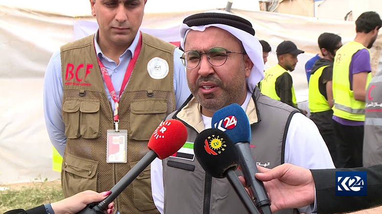 The Consul-General of the United Arab Emirates (UAE) to Erbil, Ahmed Aldhaheri, speaking to media at a refugee camp in Erbil, Kurdistan Region, April 24, 2022. (Photo: Kurdistan 24)