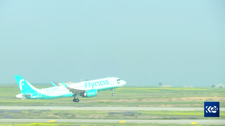 The Saudi Flynas taking off from the Erbil International Airport to Jeddah, April 5, 2023. (Photo: Kurdistan 24)