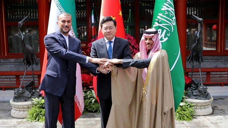Iran's FM Hossein Amir-Abdollahian (L) shaking hands with Saudi counterpart Prince Faisal bin Farhan and Chinese Foreign Minister Qin Gang (C) during a meeting in Beijing, April 6, 2023. (Photo: Iranian Foreign Ministry/AFP)