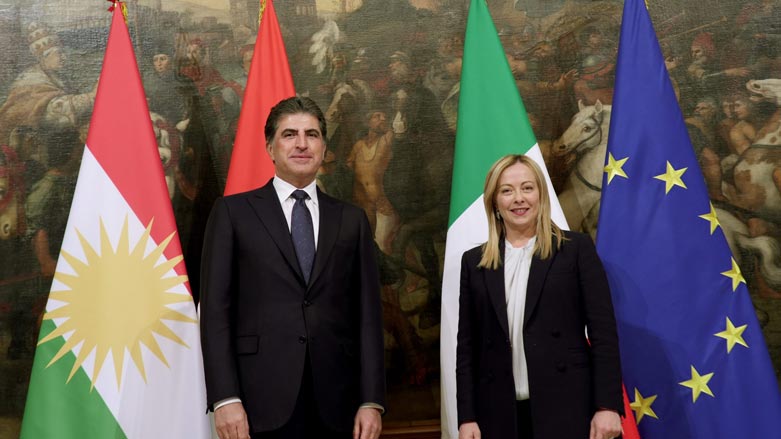 Kurdistan Region President Nechirvan Barzani on Thursday met with Italian PM Giorgia Meloni in Rome, April 13, 2023 (Photo: Kurdistan Region Presidency)