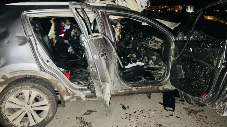 The vehicle targeted by the Turkish drone attack (Photo: SOHR)