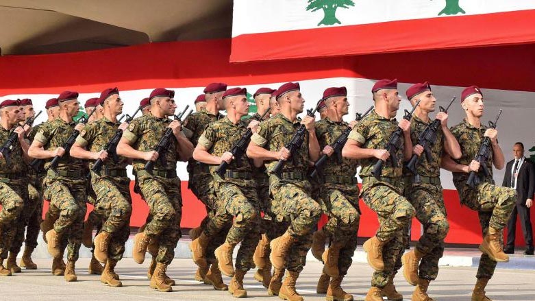 A file photo shows Lebanese army soldiers marching during a military parade commemorating the 76th anniversary of Lebanese independence from France at the Defence Ministry headquarters in Yarze. (Photo: AFP)