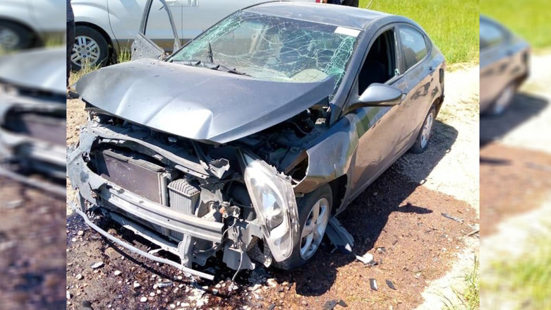 A car was hit by a Turkish drone strike on Tuesday (Photo: Hawar News Agency)