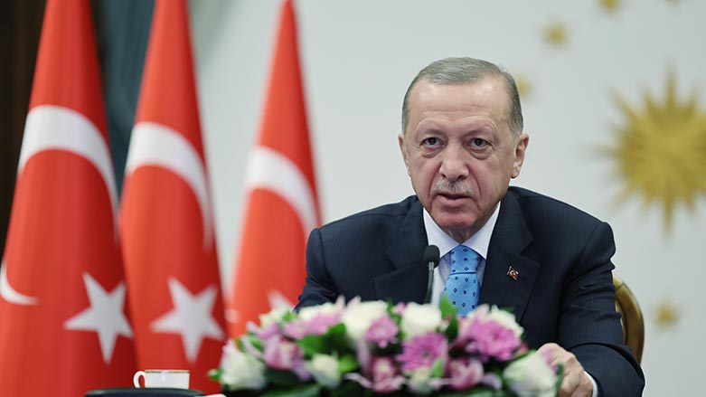 Turkey's President Recep Tayyip Erdogan inaugurates Turkey's first nuclear power plant via a video link, at the Presidential palace in Ankara, April 27, 2023. (Photo: Turkish Presidency via AP)