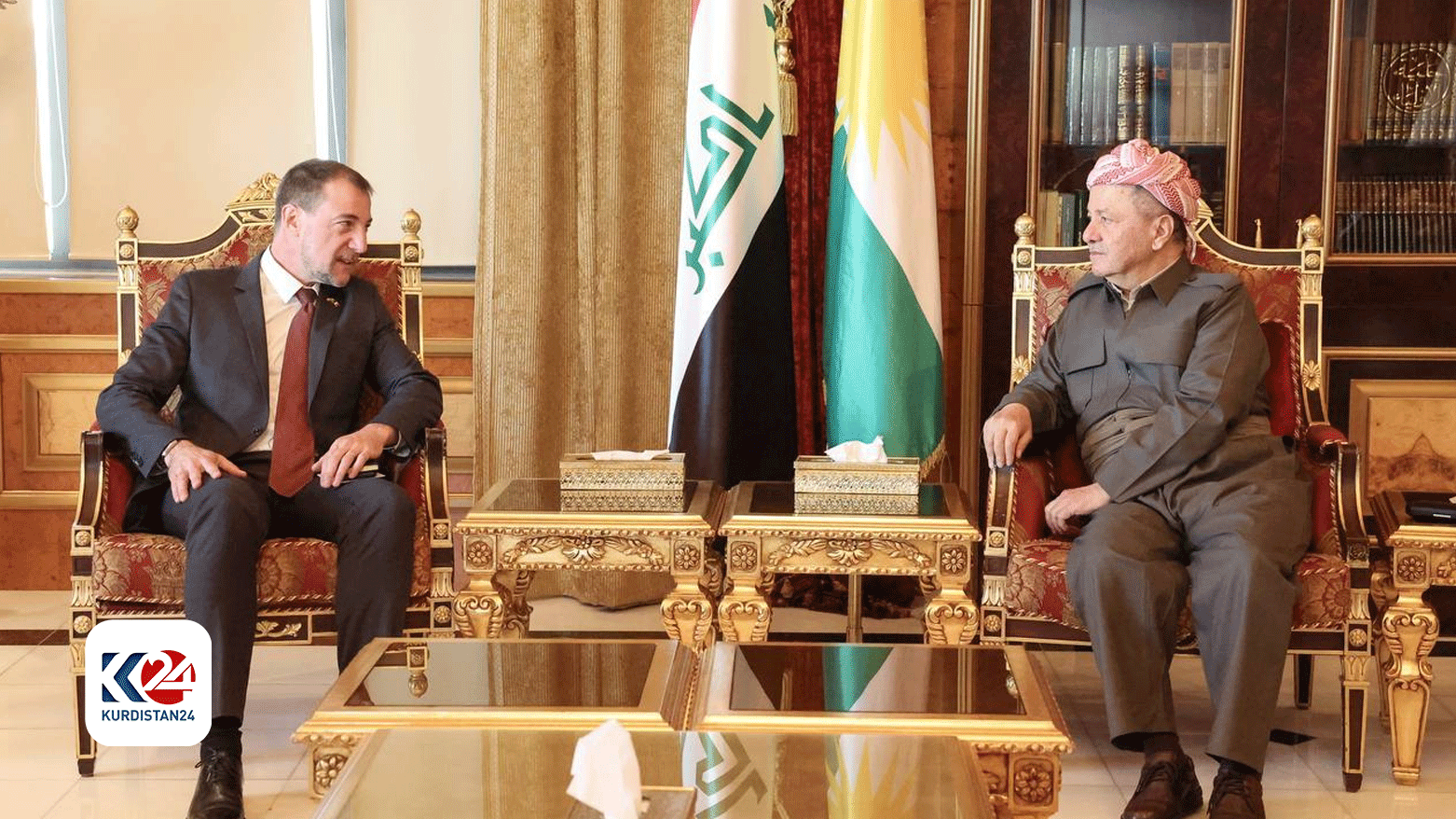 KDP President Masoud Barzani (right) during his meeting with Yann Braem, the French Consul General in Erbil, April 1, 2024. (Photo: Barzani Headquarters)