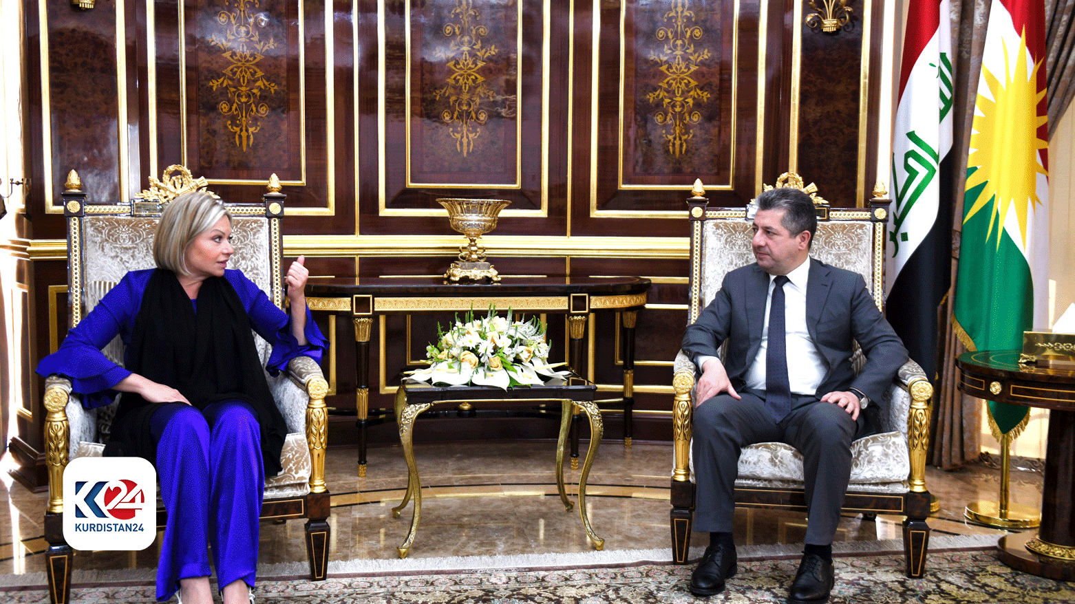 Kurdistan Region Prime Minister Masrour Barzani (right) during his meeting with the head of the United Nations Assistance Mission to Iraq (UNAMI) Jeanine Hennis-Plasschaert, April 2, 2024. (Photo: KRG)