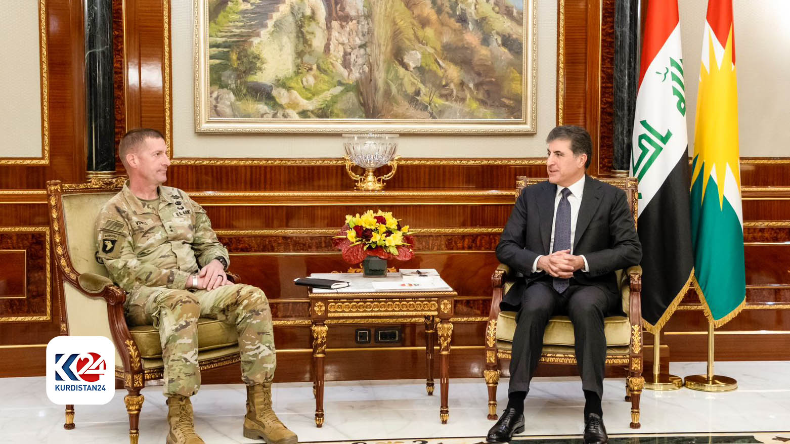 KRG President Nechirvan Barzani (R) met with the Commander of the Allied Forces in Iraq and Syria, Major General Joel Vowell (L). (Photo: Kurdistan 24)