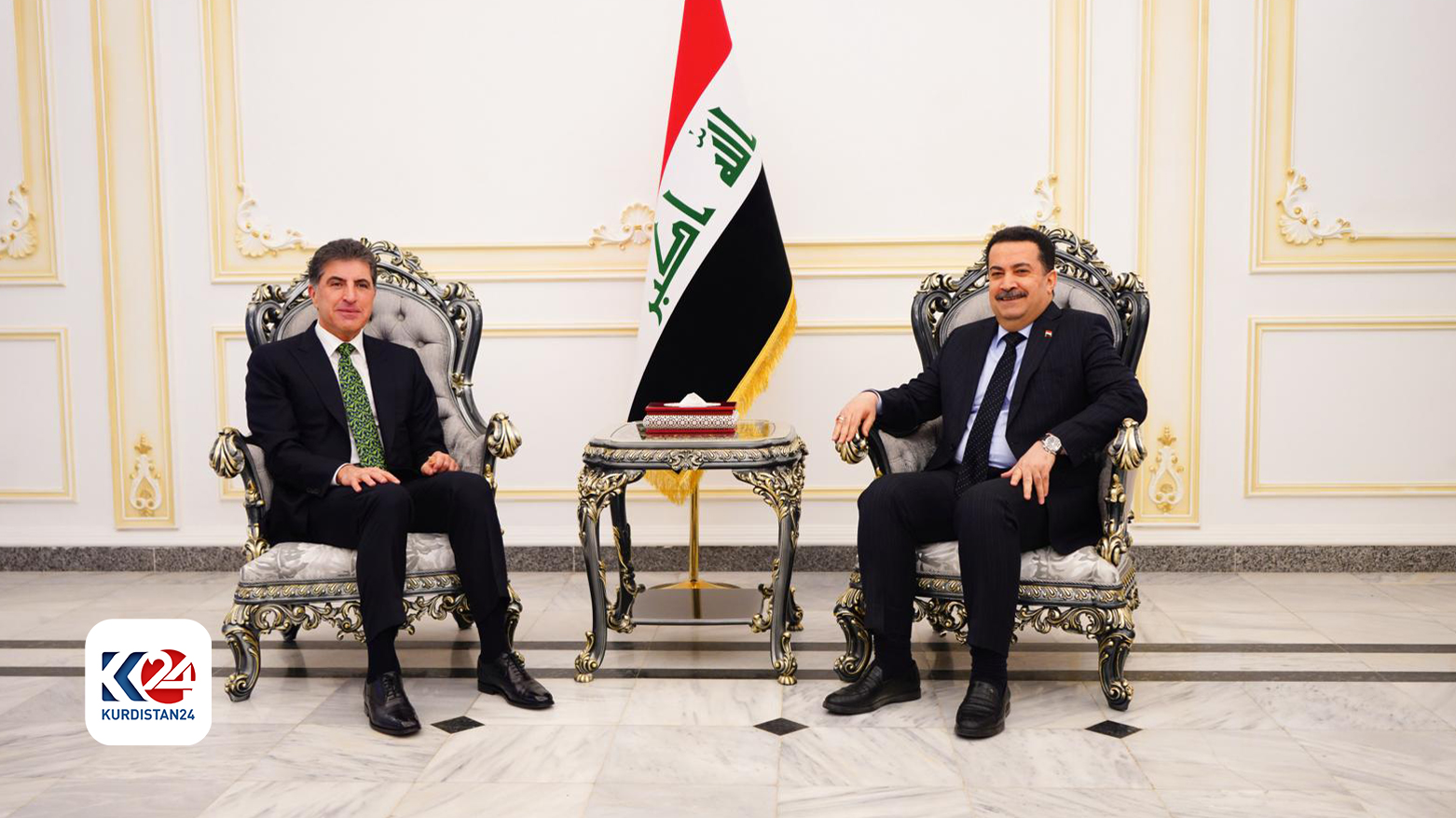 Kurdistan Region President Nechirvan Barzani (left) during his meeting with Iraqi Prime Minister Mohammed Shia al-Sudani, April 6, 2024. (Photo: Kurdistan Region Presidency)