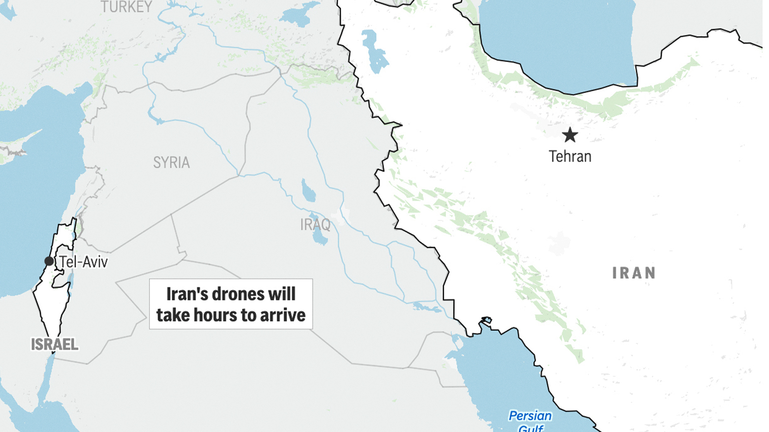 The following map locates Israel and Iran after Iran has fired drones at Israel (Photo: AP Graphic)