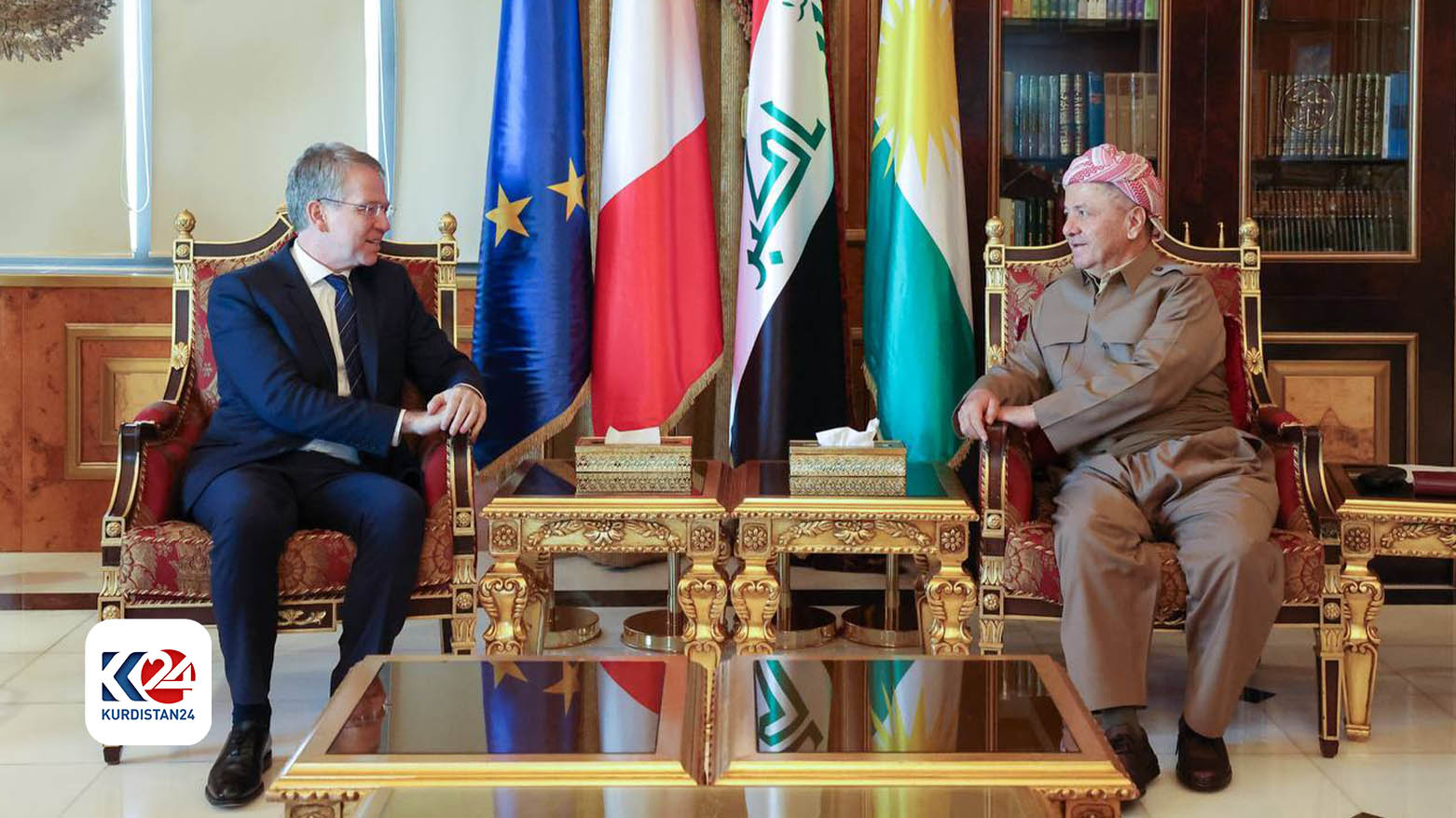 Kurdistan Democratic Party (KDP) President Masoud Barzani (right) during his meeting with French Ambassador Patrick Durel, April 16, 2024. (Photo: Barzani Headquarters)