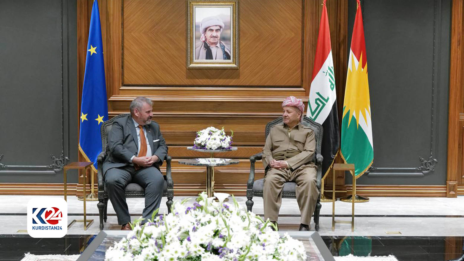 KDP President Masoud Barzani (right) during his meeting with EU Ambassador to Iraq, Thomas Seiler, April 17, 2024. (Photo: Barzani Headquarters)