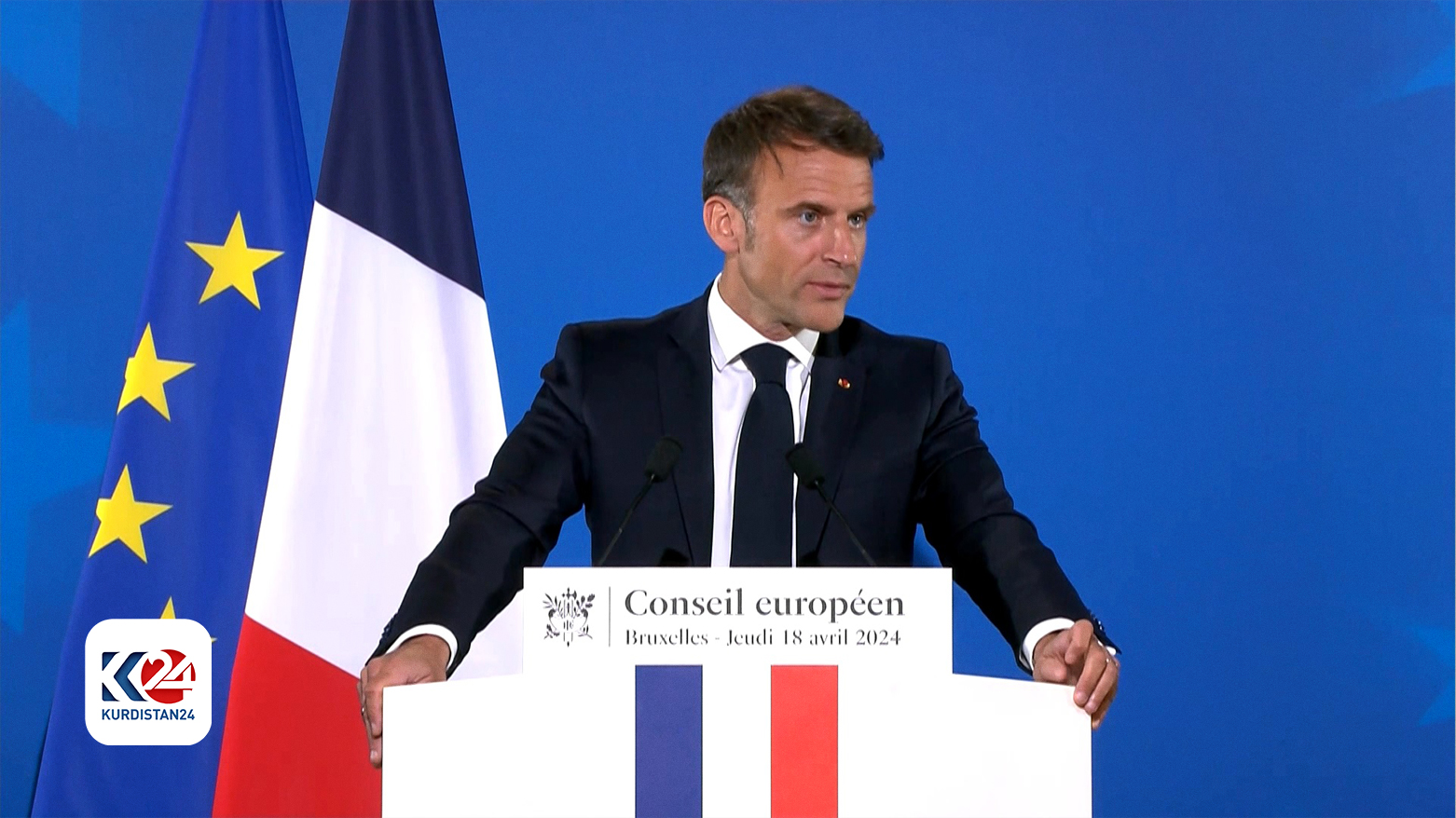 French President Emmanuel Macron was speaking to the press during a European Council meeting in Brussels, Belgium, 18 April. (Photo: Kurdistan 24)