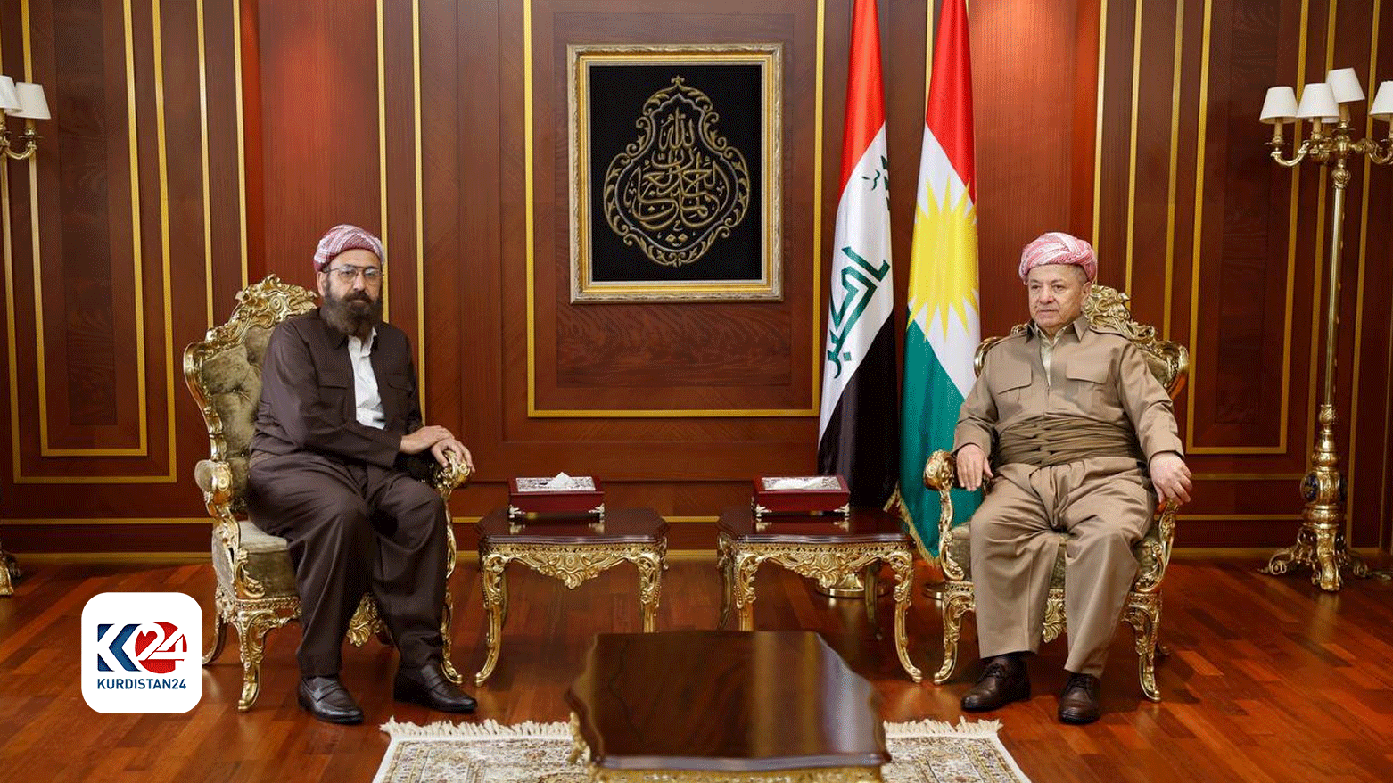Kurdistan Democratic Party (KDP) President Masoud Barzani (right) during his meeting with Hazim Tahsin Beg, the Mir (Prince) of the Yezidis, April 21, 2024. (Photo: Kurdistan24)