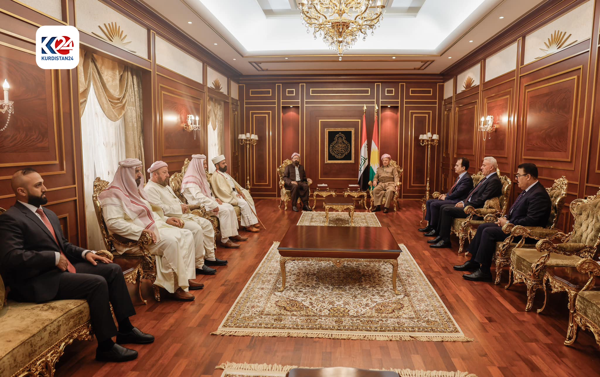 Kurdistan Democratic Party (KDP) President Masoud Barzani (top right) during his meeting with Hazim Tahsin Beg, the Mir (Prince) of the Yezidis, April 21, 2024. (Photo: Kurdistan24)