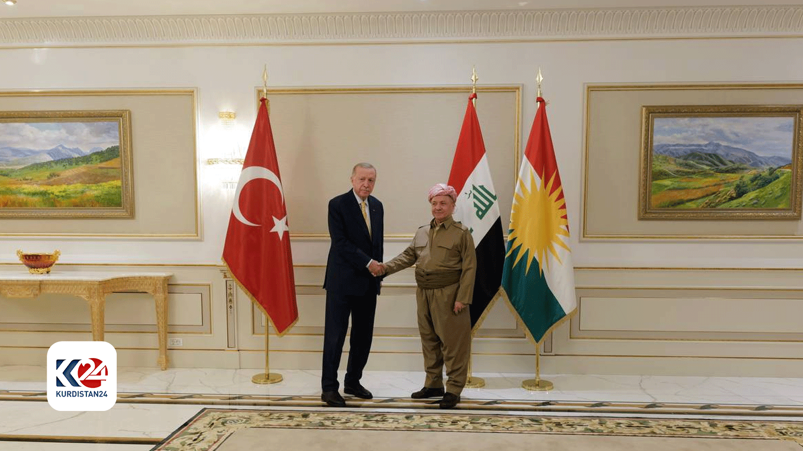 Kurdistan Democratic Party (KDP) President Masoud Barzani (right) shaking hands with Turkish President Recep Tayyip Erdogan, April 22, 2024. (Photo: Barzani Headquarters)