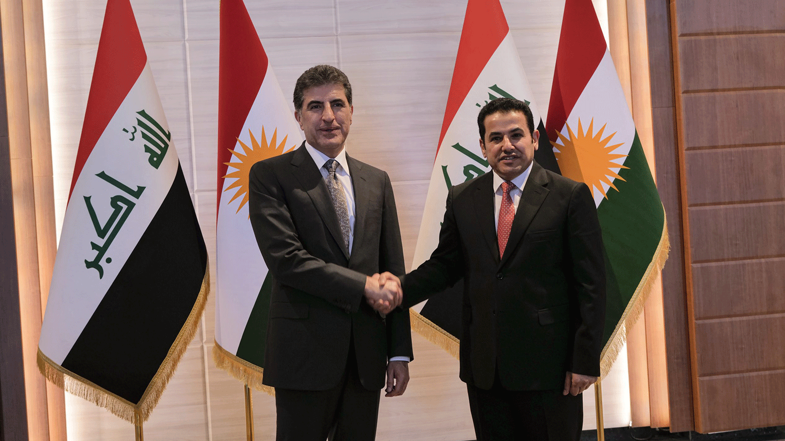 Kurdistan Region President Nechirvan Barzani (left) shaking hands with Iraqi National Security Advisor Qasim al-Araji, April 28, 2024. (Photo: Kurdistan Region Presidency)
